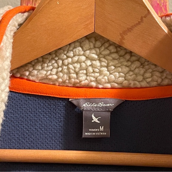 Eddie Bauer Rangefinder Sherpa Fleece Full Zip Up Coat Tan/ Navy size Medium - Picture 2 of 13